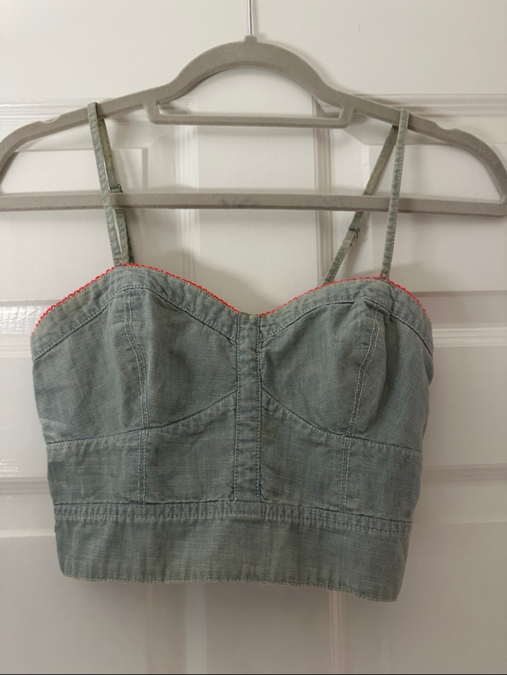 American Eagle Outfitters Light Denim Crop Top with Pink Trim